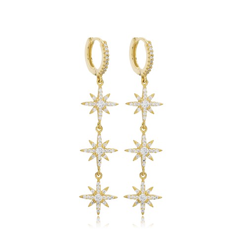 Triple Flower Design Zircon Stone Long Dangle Earrings 14k Gold Jewelry